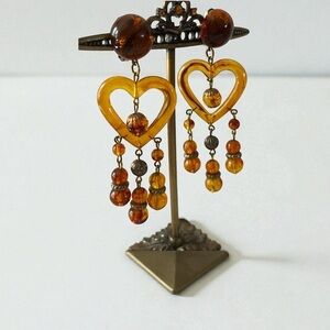 Amber Heart Drop chandelier lucid clip on Earrings vintage